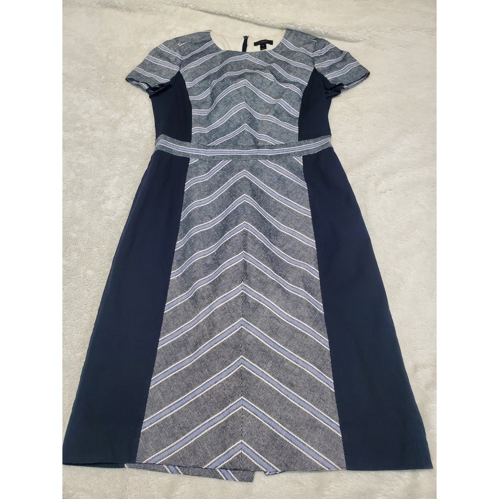 J. Crew Blue Chevron Colorblock Linen Sheath Dress 6 Work Spring Classic Office